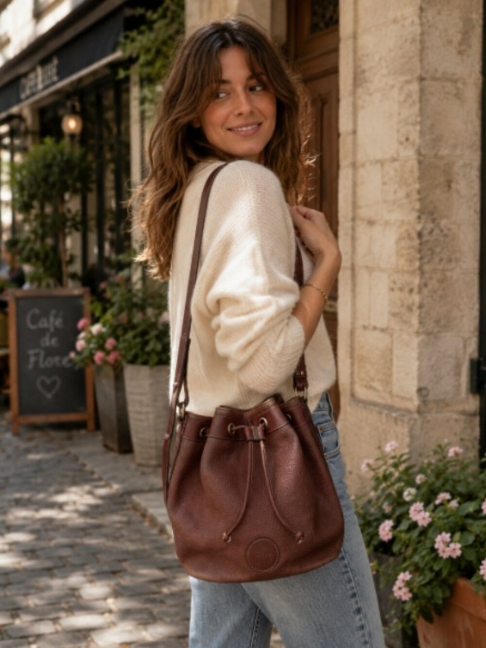 Vintage Marc Cross Tan Pebbled Leather Drawstring Bucket Bag Crossbody